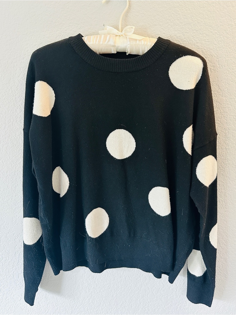 Tahari Black Crewneck Sweater with White Polka Dots
